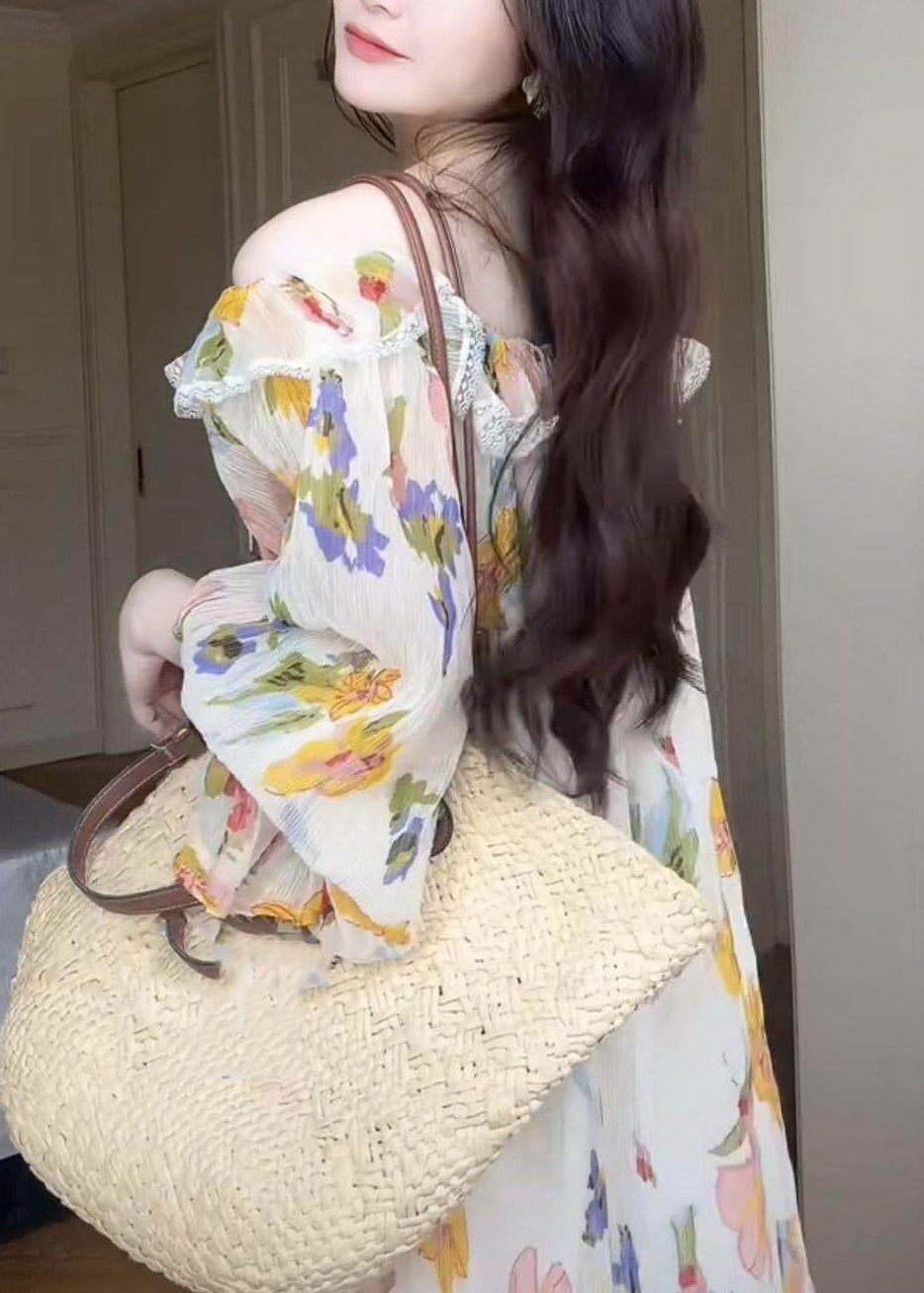 Novelty Slash Neck Chiffon Maxi Dress Patchwork Wrinkled Fall