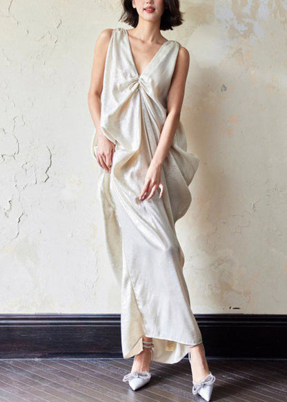 Novelty V Neck Pockets Wrinkled Cotton Maxi Dress Sleeveless