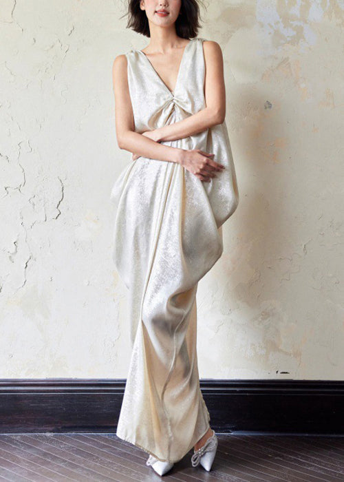 Novelty V Neck Pockets Wrinkled Cotton Maxi Dress Sleeveless