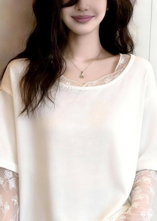 Novelty White Lace Patchwork Fake Two-Piece Tulle T Shirt Long Sleeve