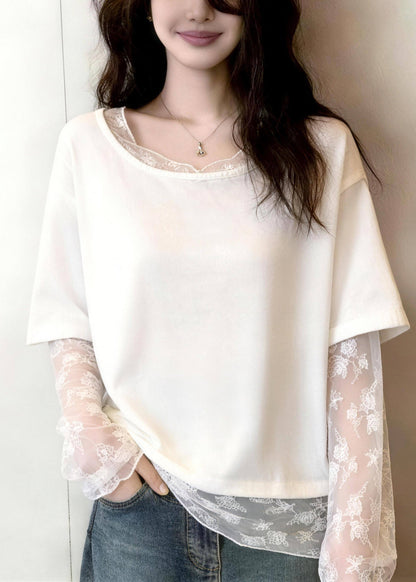 Novelty White Lace Patchwork Fake Two-Piece Tulle T Shirt Long Sleeve