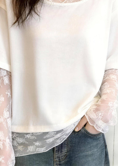 Novelty White Lace Patchwork Fake Two-Piece Tulle T Shirt Long Sleeve