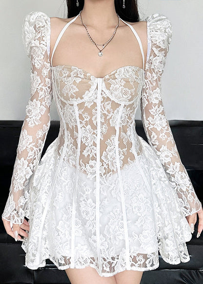 Novelty White Lace Up High Waist Lace Mini Dress Spring