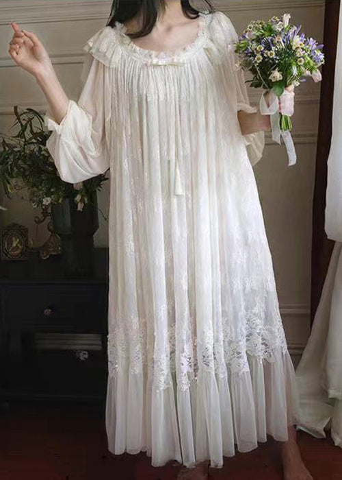 Novelty White Ruffled Lace Solid Tulle Pajamas Long Dress Spring