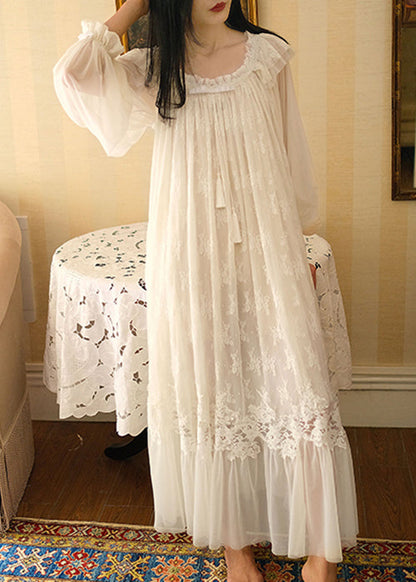 Novelty White Ruffled Lace Solid Tulle Pajamas Long Dress Spring
