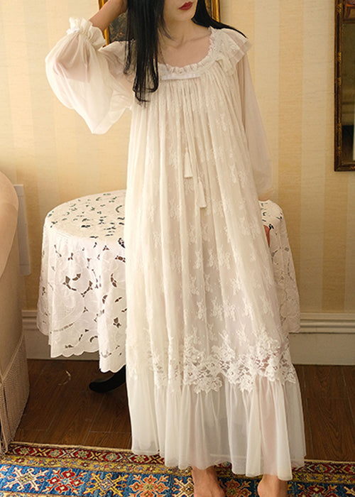 Novelty White Ruffled Lace Solid Tulle Pajamas Long Dress Spring