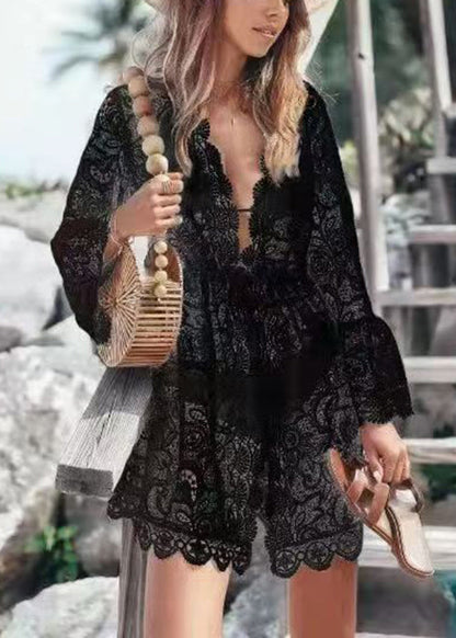 Novelty White V Neck Solid Lace Mini Dresses Summer