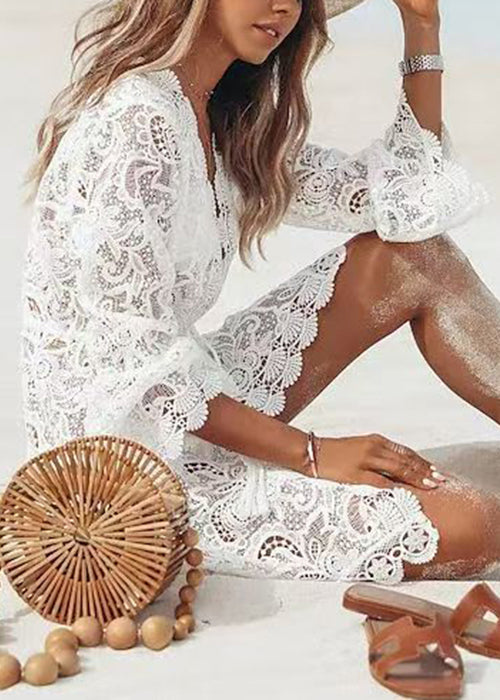 Novelty White V Neck Solid Lace Mini Dresses Summer