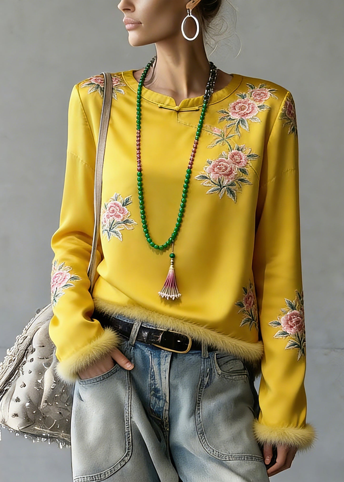 Novelty Yellow Embroidered Patchwork Silk Cotton Tops Spring