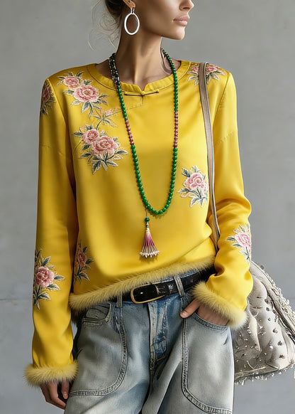 Novelty Yellow Embroidered Patchwork Silk Cotton Tops Spring