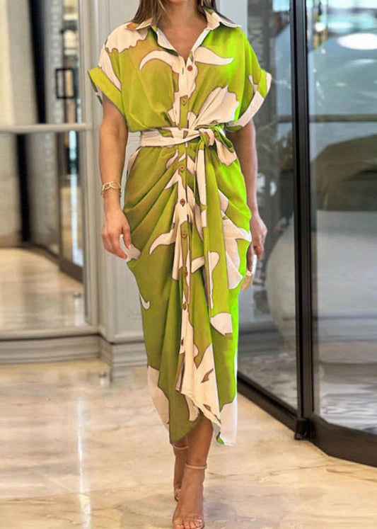 Novelty Yellow Print Tie Waist Cotton Shirts Dress Summer