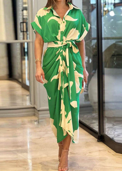 Novelty Yellow Print Tie Waist Cotton Shirts Dress Summer