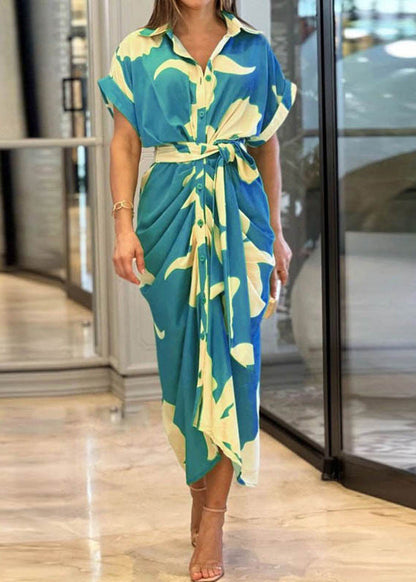 Novelty Yellow Print Tie Waist Cotton Shirts Dress Summer