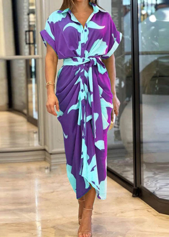 Novelty Yellow Print Tie Waist Cotton Shirts Dress Summer