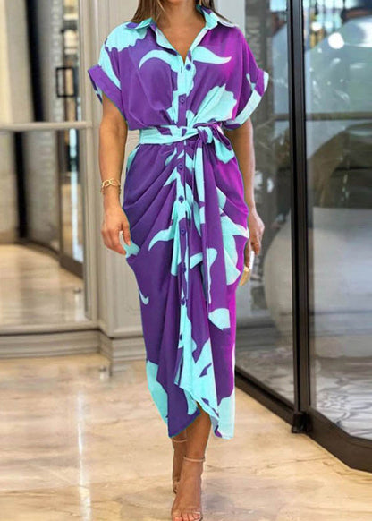 Novelty Yellow Print Tie Waist Cotton Shirts Dress Summer