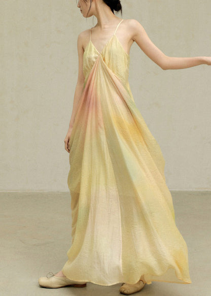 Novelty Yellow Tie Dye Wrinkled Cotton Spaghetti Strap Dress Sleeveless