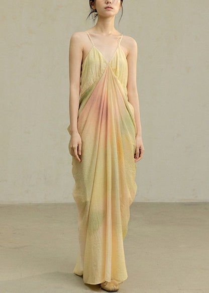 Novelty Yellow Tie Dye Wrinkled Cotton Spaghetti Strap Dress Sleeveless