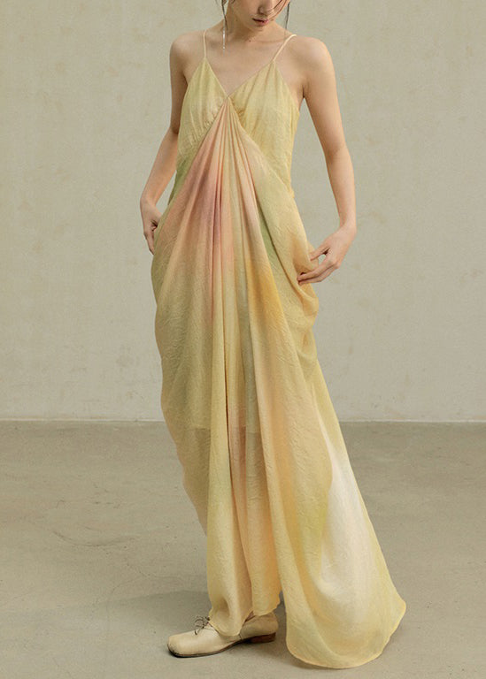 Novelty Yellow Tie Dye Wrinkled Cotton Spaghetti Strap Dress Sleeveless