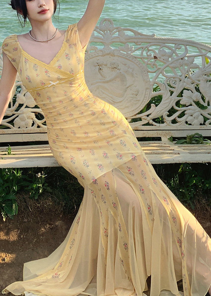 Novelty Yellow V Neck Print Long Dresses Short Sleeve