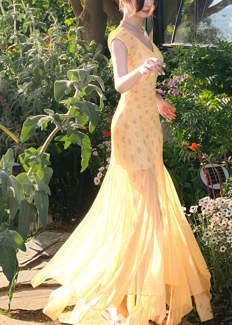 Novelty Yellow V Neck Print Long Dresses Short Sleeve