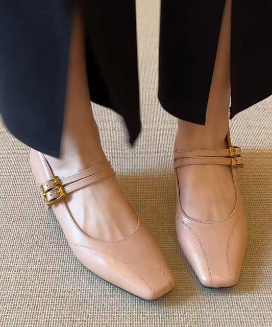 Nude Flat Shoes Cowhide Leather Fitted Buckle Strap Flat Feet Shoes