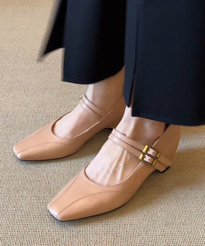 Nude Flat Shoes Cowhide Leather Fitted Buckle Strap Flat Feet Shoes