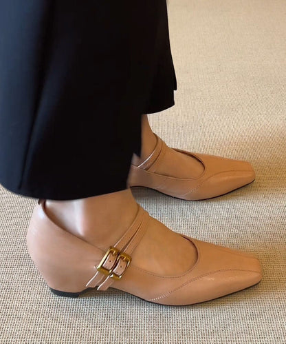 Nude Flat Shoes Cowhide Leather Fitted Buckle Strap Flat Feet Shoes