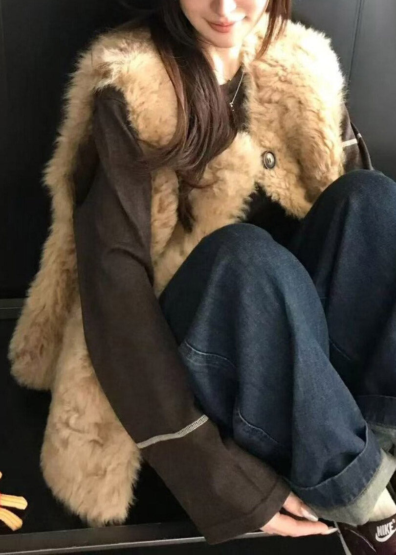 Oat Color O-Neck Patchwork Faux Fur Waistcoat Fall