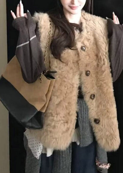 Oat Color O-Neck Patchwork Faux Fur Waistcoat Fall