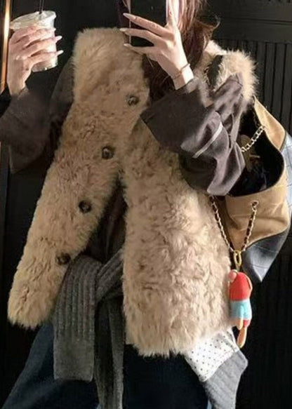 Oat Color O-Neck Patchwork Faux Fur Waistcoat Fall