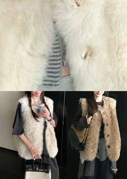 Oat Color O-Neck Patchwork Faux Fur Waistcoat Fall
