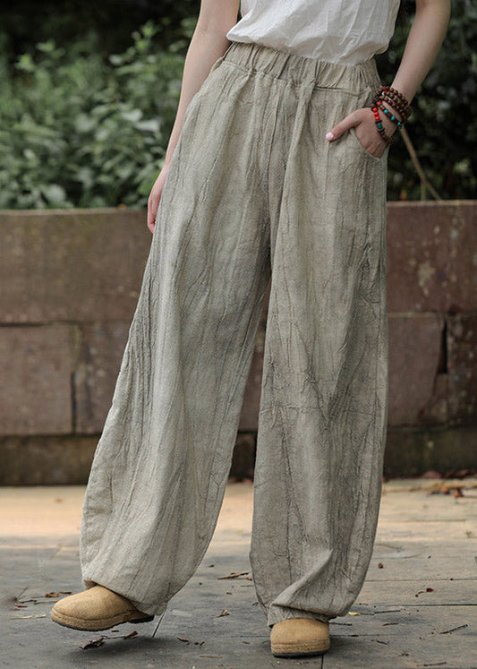 Oat Color Pockets Elastic Waist Wide Leg Pants
