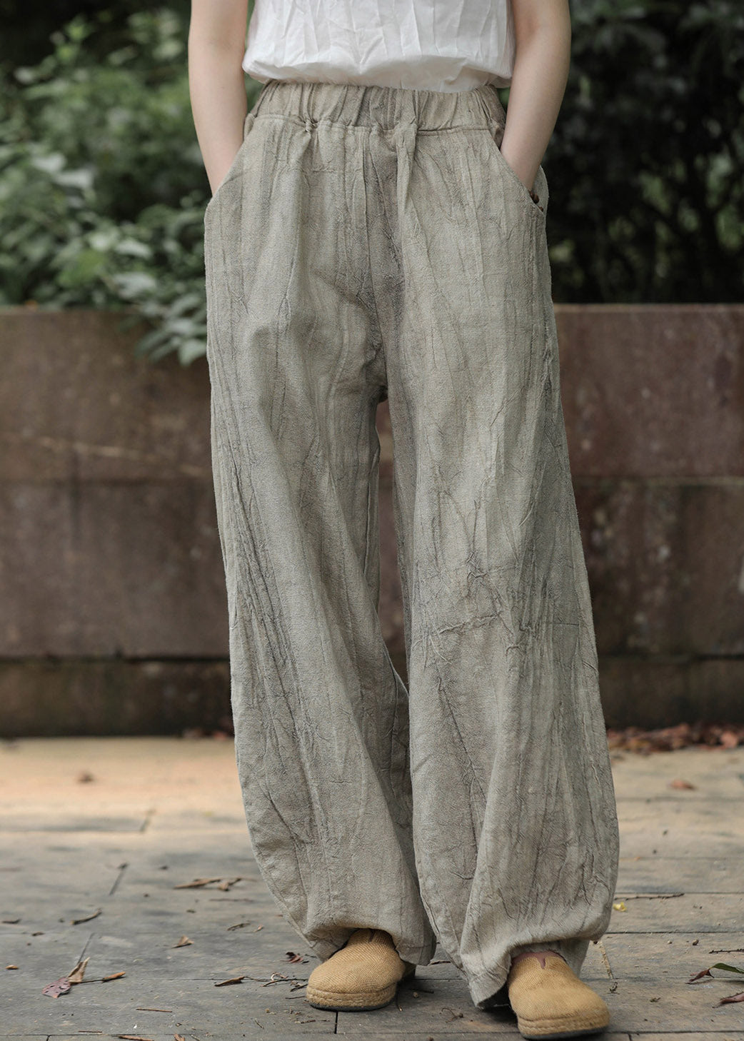 Oat Color Pockets Elastic Waist Wide Leg Pants