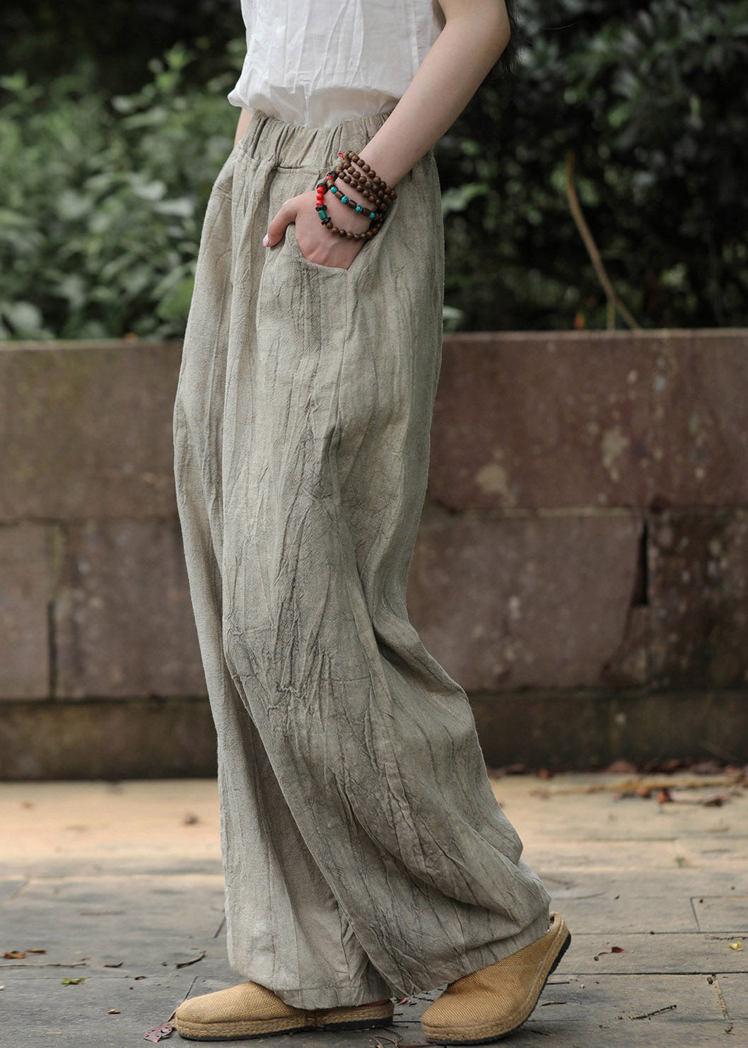 Oat Color Pockets Elastic Waist Wide Leg Pants