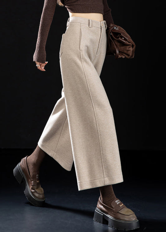 Oatmeal Pockets Woolen Wide Leg Pants High Waist
