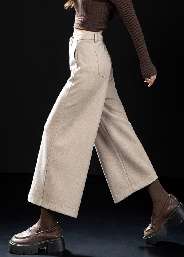 Oatmeal Pockets Woolen Wide Leg Pants High Waist