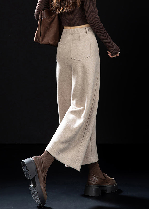 Oatmeal Pockets Woolen Wide Leg Pants High Waist