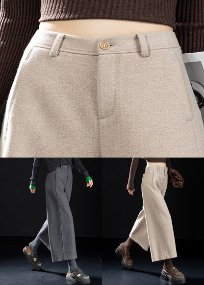 Oatmeal Pockets Woolen Wide Leg Pants High Waist