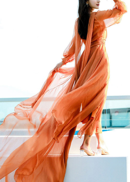 Orange Backless Solid Chiffon Spring Maxi Dresses V Neck