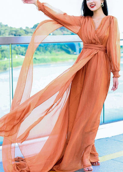 Orange Backless Solid Chiffon Spring Maxi Dresses V Neck