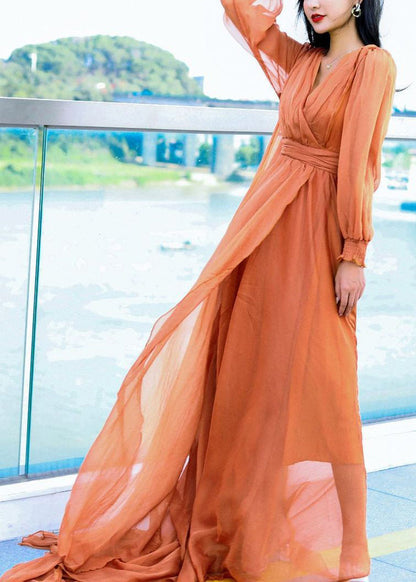 Orange Backless Solid Chiffon Spring Maxi Dresses V Neck