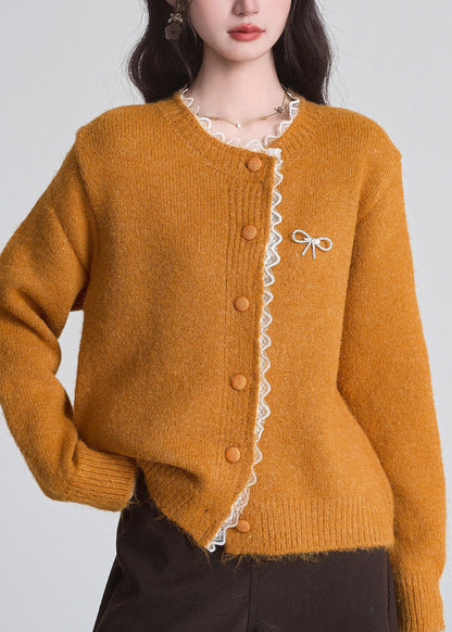 Orange Button Cozy Cotton Knit Cardigan Long Sleeve
