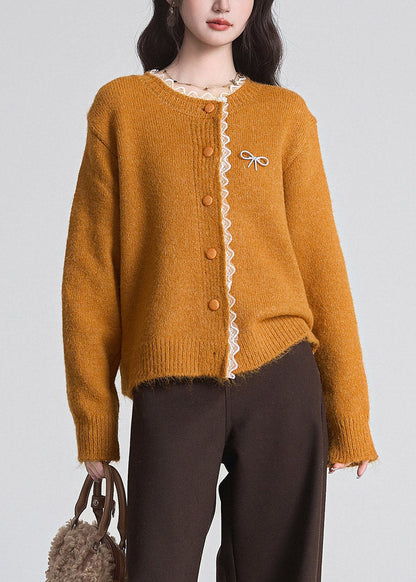 Orange Button Cozy Cotton Knit Cardigan Long Sleeve