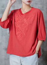 Load image into Gallery viewer, Orange Cotton Shirt Tops V Neck Embroidered Half Sleeve