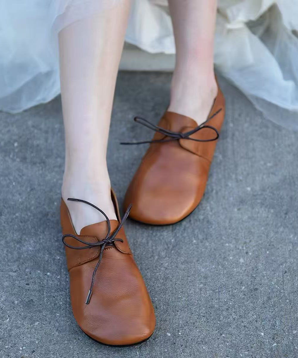 Orange Cowhide Leather Flat Shoes Lace Up Flat Shoes