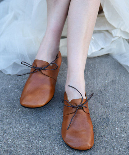 Orange Cowhide Leather Flat Shoes Lace Up Flat Shoes