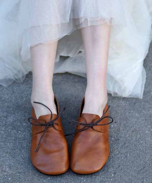 Orange Cowhide Leather Flat Shoes Lace Up Flat Shoes