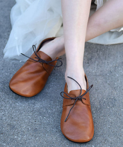 Orange Cowhide Leather Flat Shoes Lace Up Flat Shoes