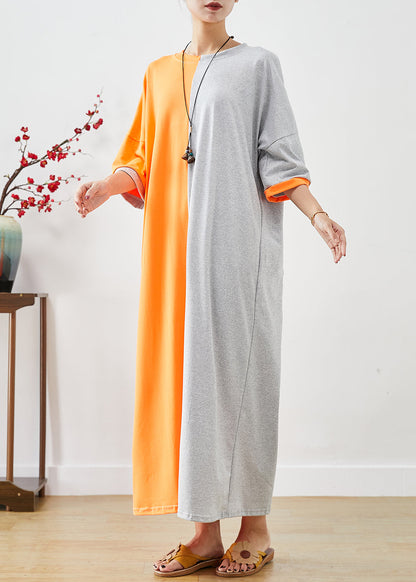 Orange Grey Patchwork Cotton Holiday Dresses Oversized Half Sleeve