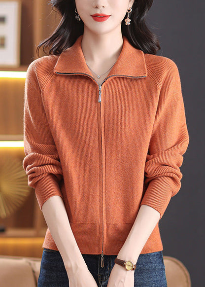 Orange Knit Cardigans Peter Pan Collar Fall